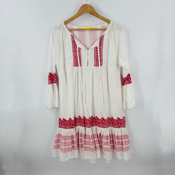 Roller Rabbit Red White Boho Embroidered Tunic Dress Cotton Size Medium - Picture 2 of 10